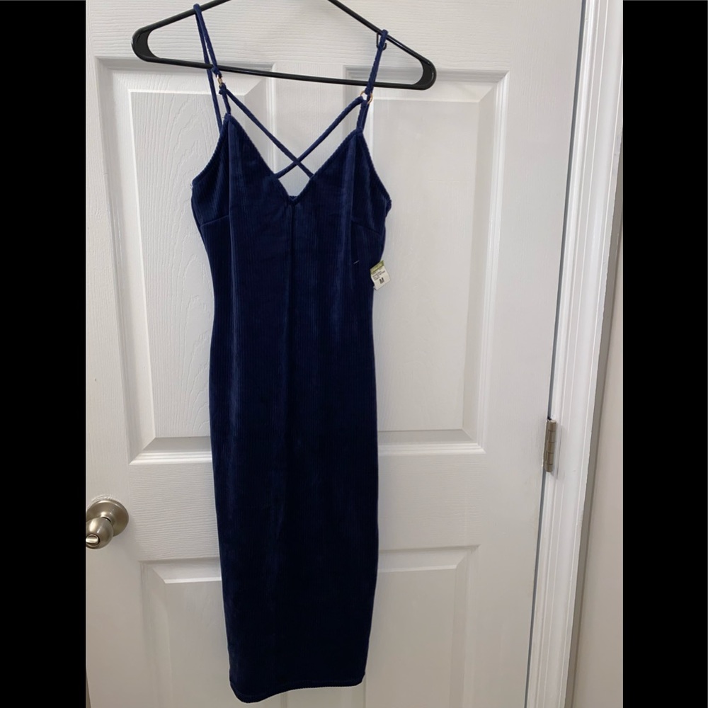 Navy blue brand new midi dress velvet with cris cross neck line